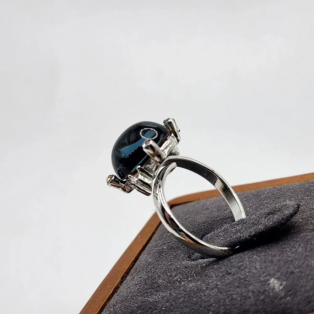 Vintage Adjustable Silvertone Faux Star Sapphire Blue Glass Gem Cabochon